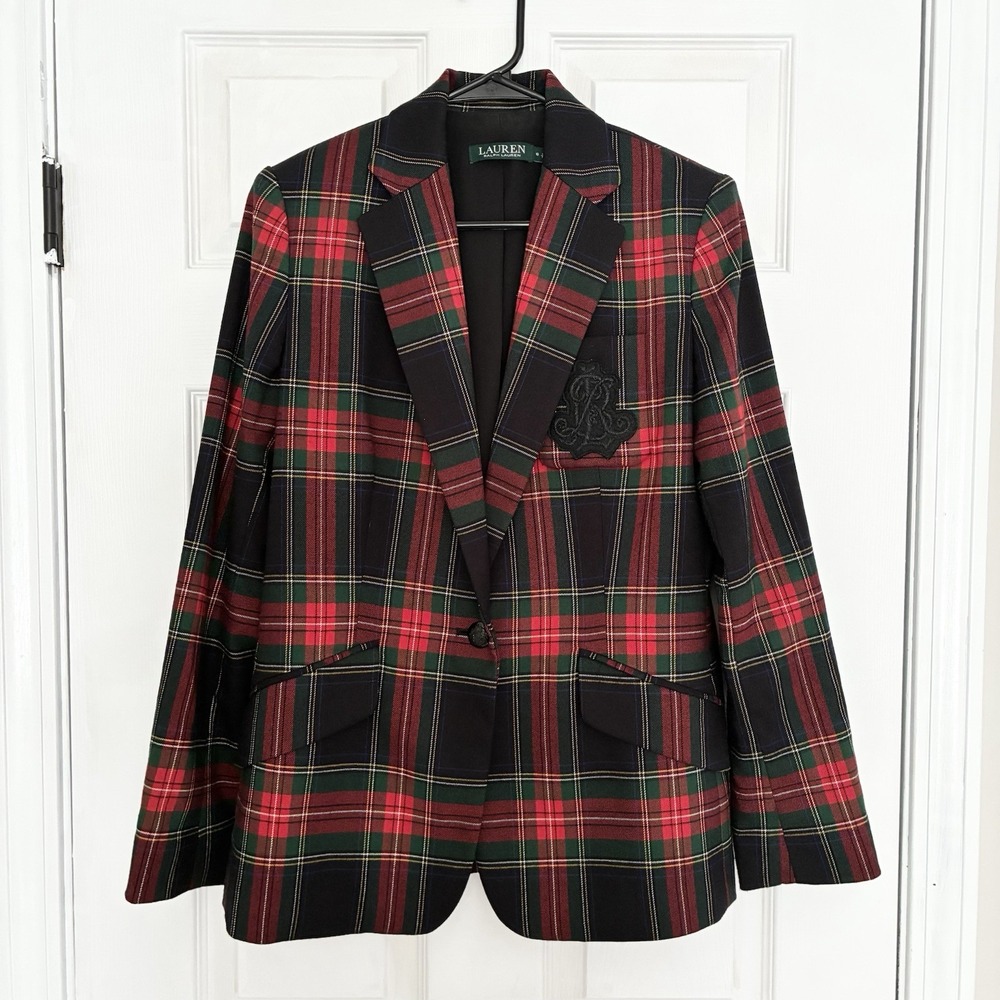 Lauren Ralph Lauren Tartan Plaid Print Monogram Classic Blazer Jacket Womens 6